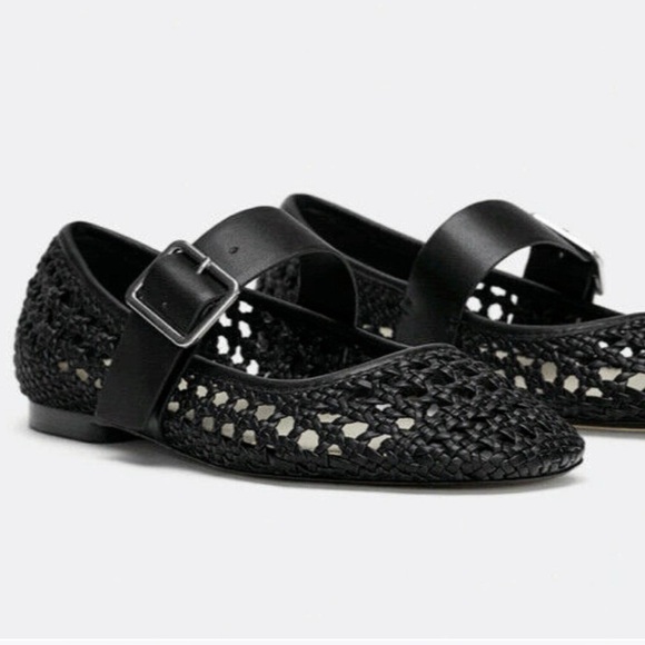 ZARA Women's black woven leather Mary Jane flat shoes wide buckle closure 7/ 7.5 - Picture 1 of 12